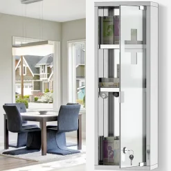 Armoire De Toilette|kleankin Armoire à pharmacie 2 étagères 3 niveaux 20L x 12l x 58H cm porte verre trempé symbole croix acier inox.