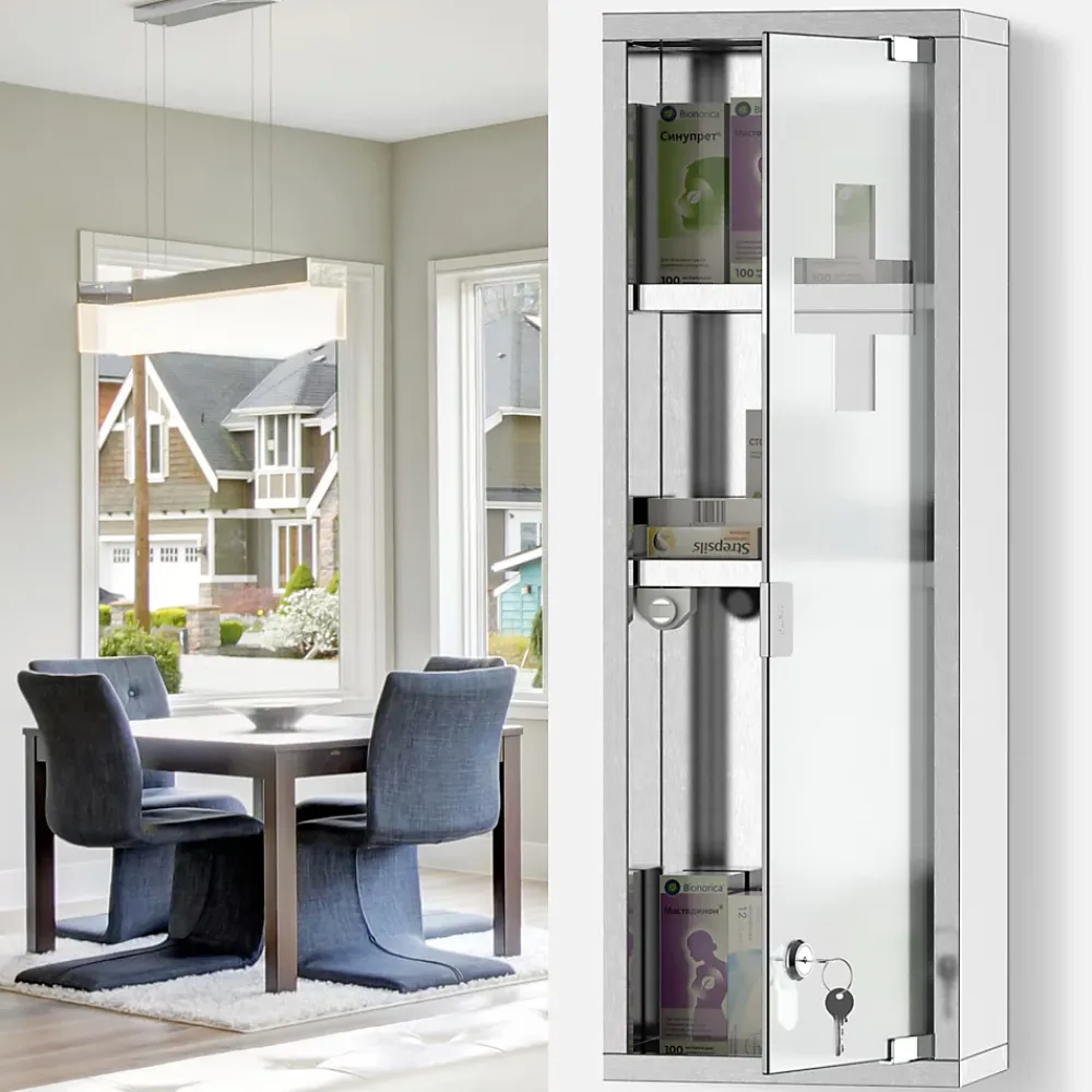 Armoire De Toilette|kleankin Armoire à pharmacie 2 étagères 3 niveaux 20L x 12l x 58H cm porte verre trempé symbole croix acier inox.