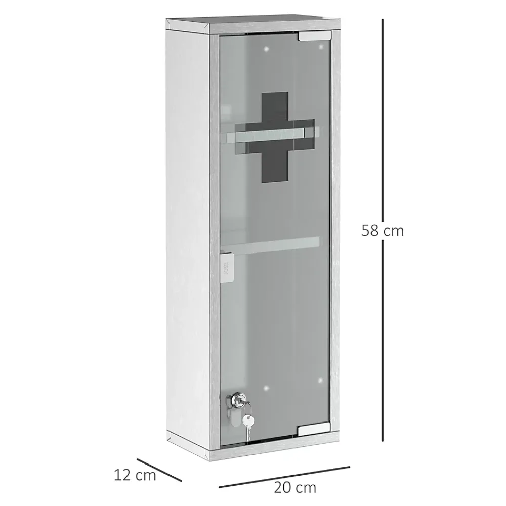 Armoire De Toilette|kleankin Armoire à pharmacie 2 étagères 3 niveaux 20L x 12l x 58H cm porte verre trempé symbole croix acier inox.
