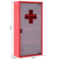 Homcom Armoire à pharmacie 3 étagères 4 niveaux verrouillable porte verre trempé dépoli logo croix 30L x 12l x 60H cm acier inox rouge