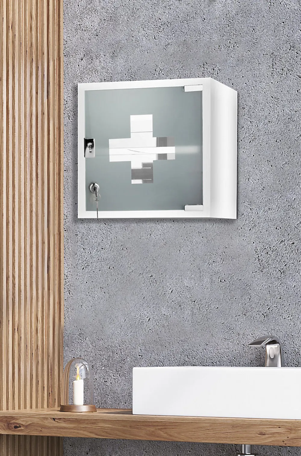Meuble De Salle De Bains Faible Profondeur|MPGlass Armoire à pharmacie L.30 x H.30 x P.15 cm, acier + porte verre sablé, blanc, Siena
