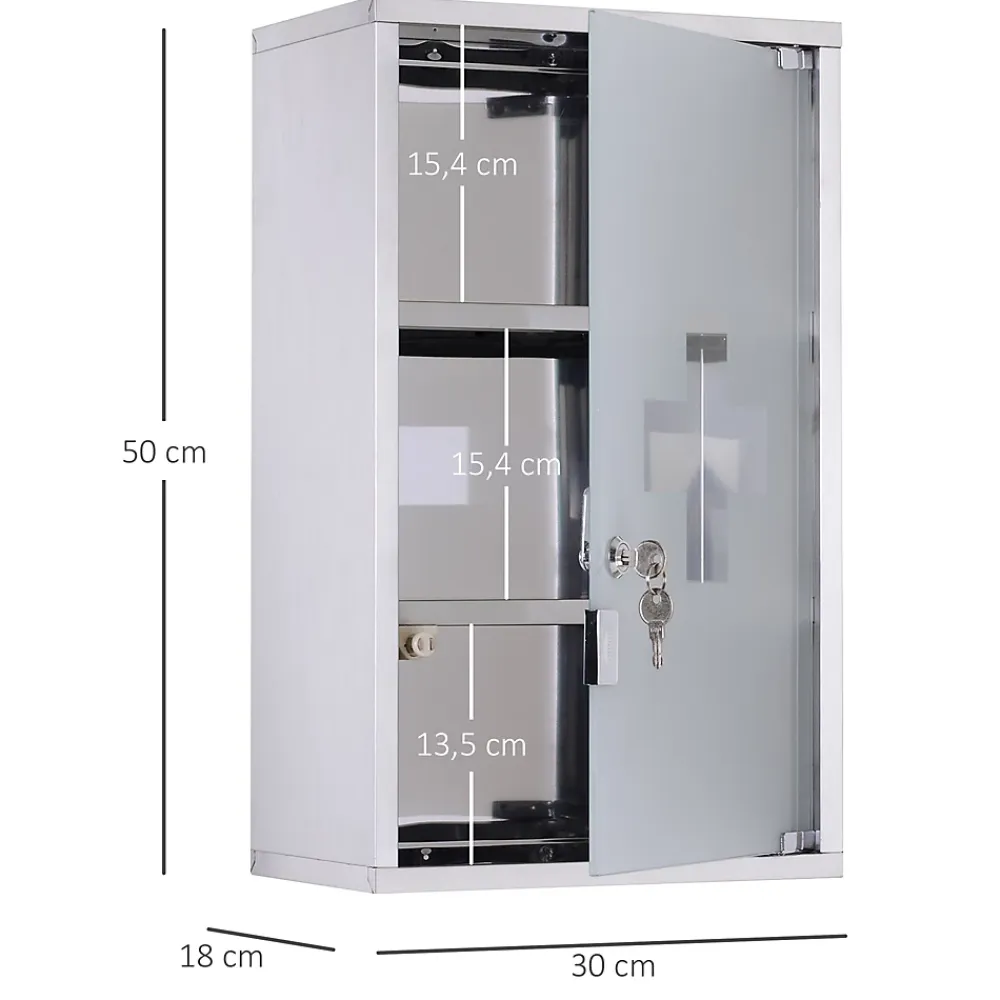 Homcom Armoire à pharmacie murale verrouillable 3 niv. acier inox