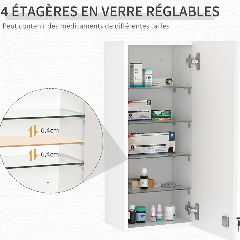 Armoire De Toilette|kleankin Armoire à pharmacie murale verrouillable - 5 niveaux - verre panneaux blanc