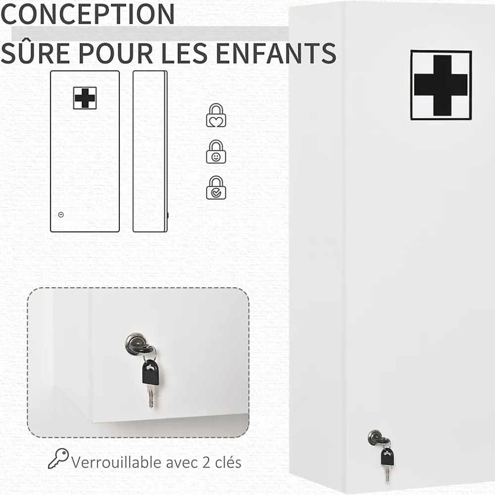 Armoire De Toilette|kleankin Armoire à pharmacie murale verrouillable - 5 niveaux - verre panneaux blanc