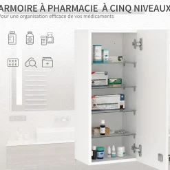 Armoire De Toilette|kleankin Armoire à pharmacie murale verrouillable - 5 niveaux - verre panneaux blanc