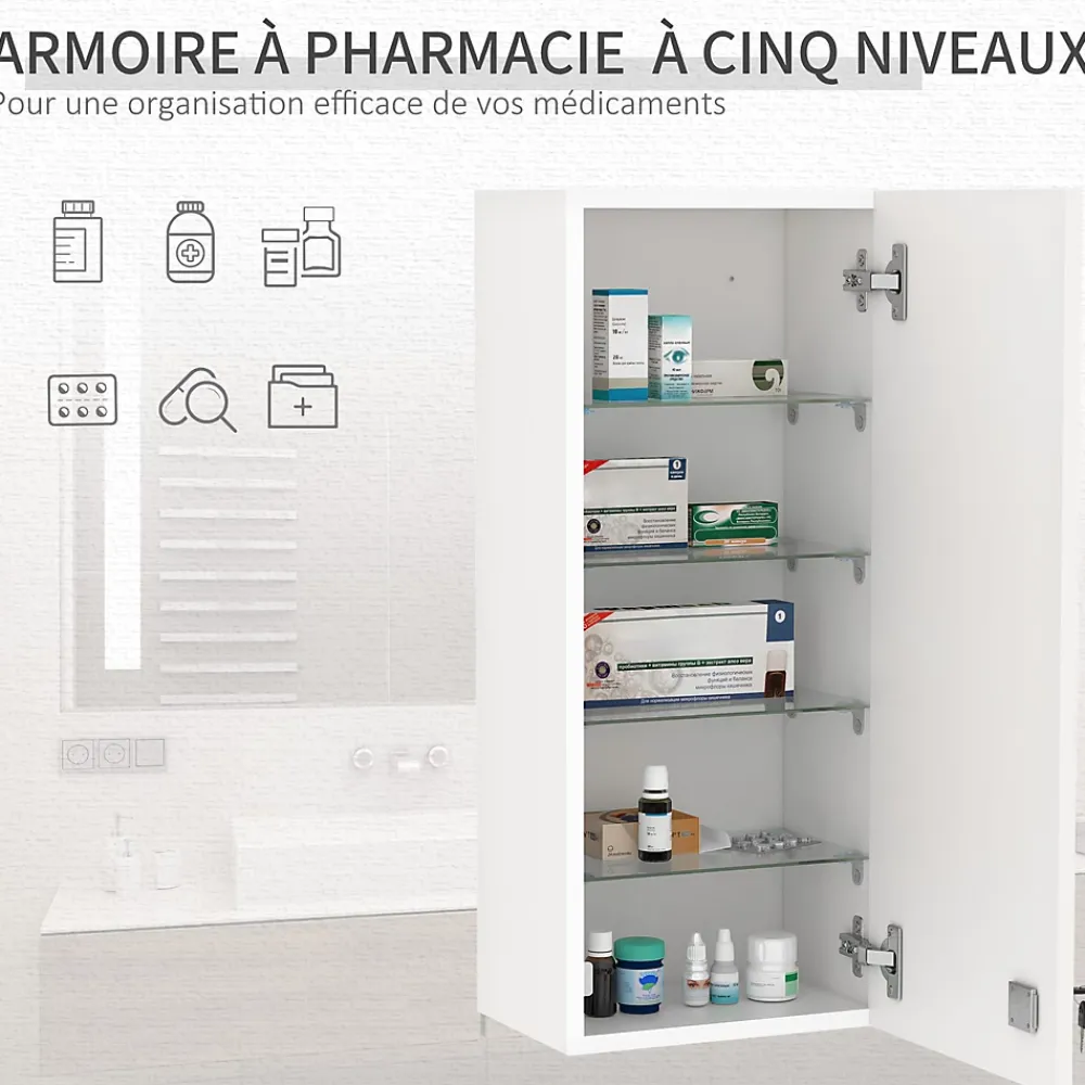 Armoire De Toilette|kleankin Armoire à pharmacie murale verrouillable - 5 niveaux - verre panneaux blanc
