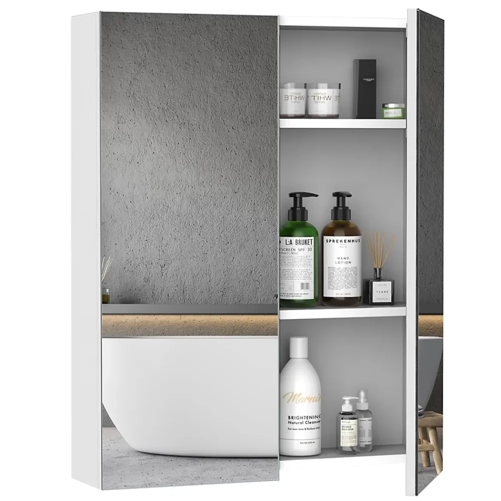 Homcom Armoire avec miroir en bois rangement salle de bain fermeture porte tampon MDF blanc