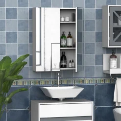 Homcom Armoire avec miroir en bois rangement salle de bain fermeture porte tampon MDF blanc