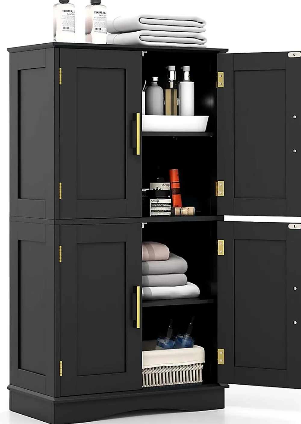 Giantex Armoire de Rangement de Salle de Bain, Armoire sur Sol avec 4 Portes, 2 Étagères Réglables et Détachables,60 x 30 x 110 CM (Noir)