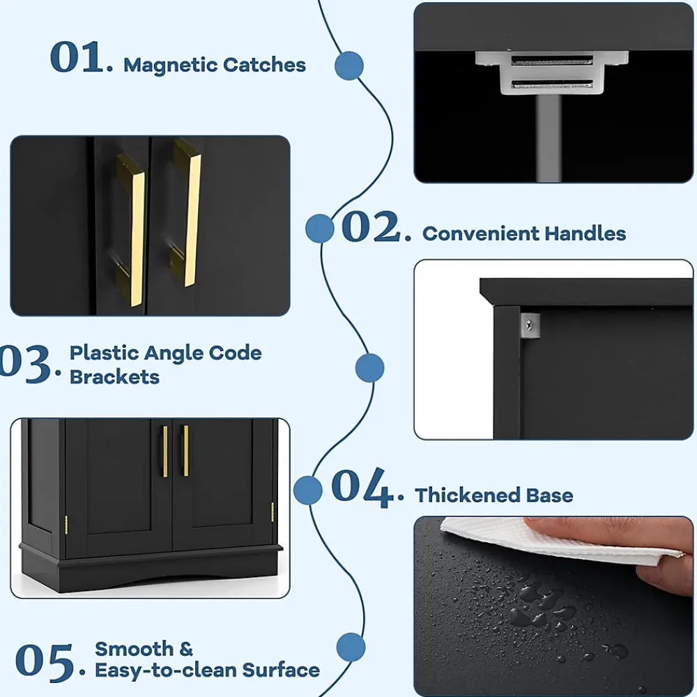 Giantex Armoire de Rangement de Salle de Bain, Armoire sur Sol avec 4 Portes, 2 Étagères Réglables et Détachables,60 x 30 x 110 CM (Noir)