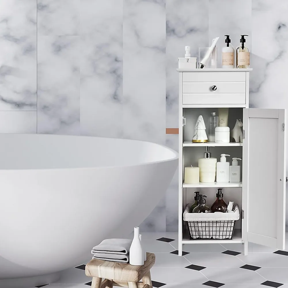 Giantex Armoire de Rangement pour Salle de Bain Meuble de Toilette sur Pied en MDF avec Tiroir et 2 Etagere Reglable a Hauteurs