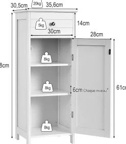 Giantex Armoire de Rangement pour Salle de Bain Meuble de Toilette sur Pied en MDF avec Tiroir et 2 Etagere Reglable a Hauteurs