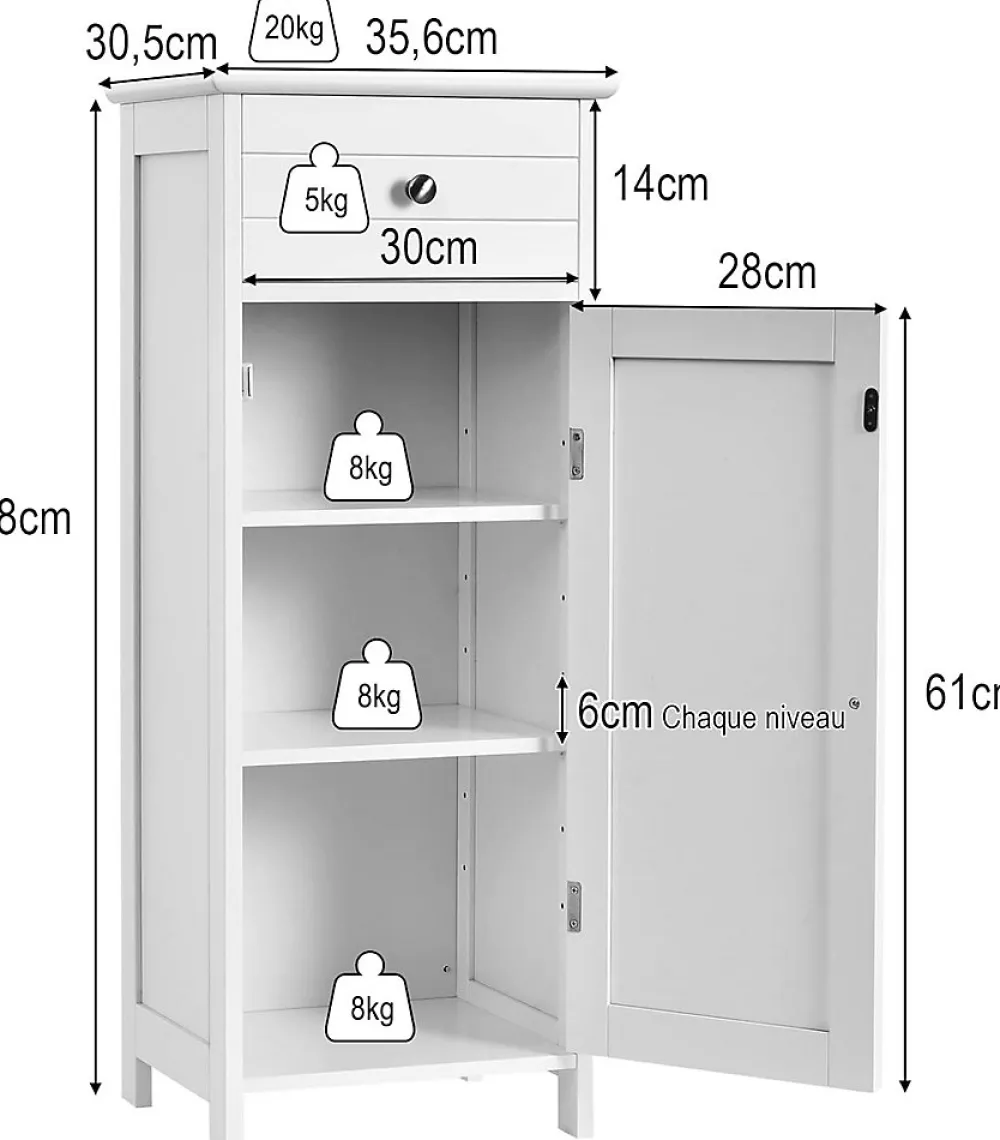 Giantex Armoire de Rangement pour Salle de Bain Meuble de Toilette sur Pied en MDF avec Tiroir et 2 Etagere Reglable a Hauteurs