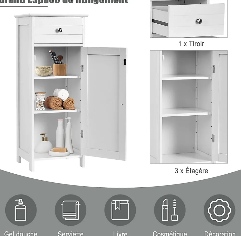 Giantex Armoire de Rangement pour Salle de Bain Meuble de Toilette sur Pied en MDF avec Tiroir et 2 Etagere Reglable a Hauteurs