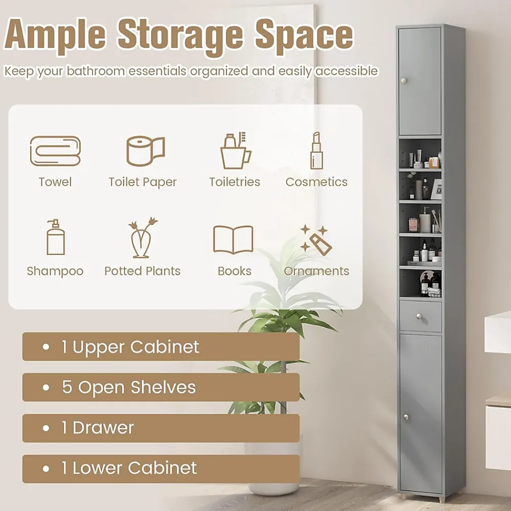 Giantex Armoire de Salle de Bain Haut avec 2 Portes 1 Tiroir 5 Etageres Reglables Dispositif Anti-basculement Meuble Colonne Rangement