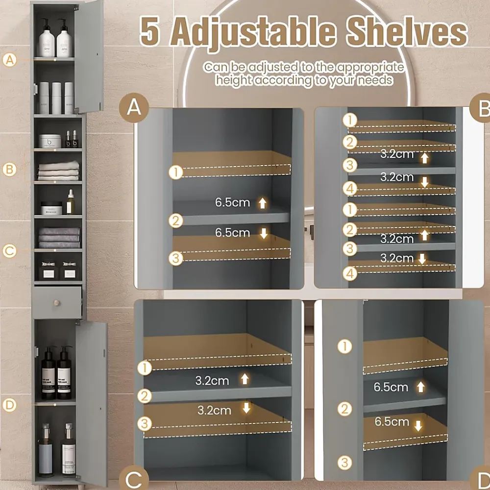 Giantex Armoire de Salle de Bain Haut avec 2 Portes 1 Tiroir 5 Etageres Reglables Dispositif Anti-basculement Meuble Colonne Rangement