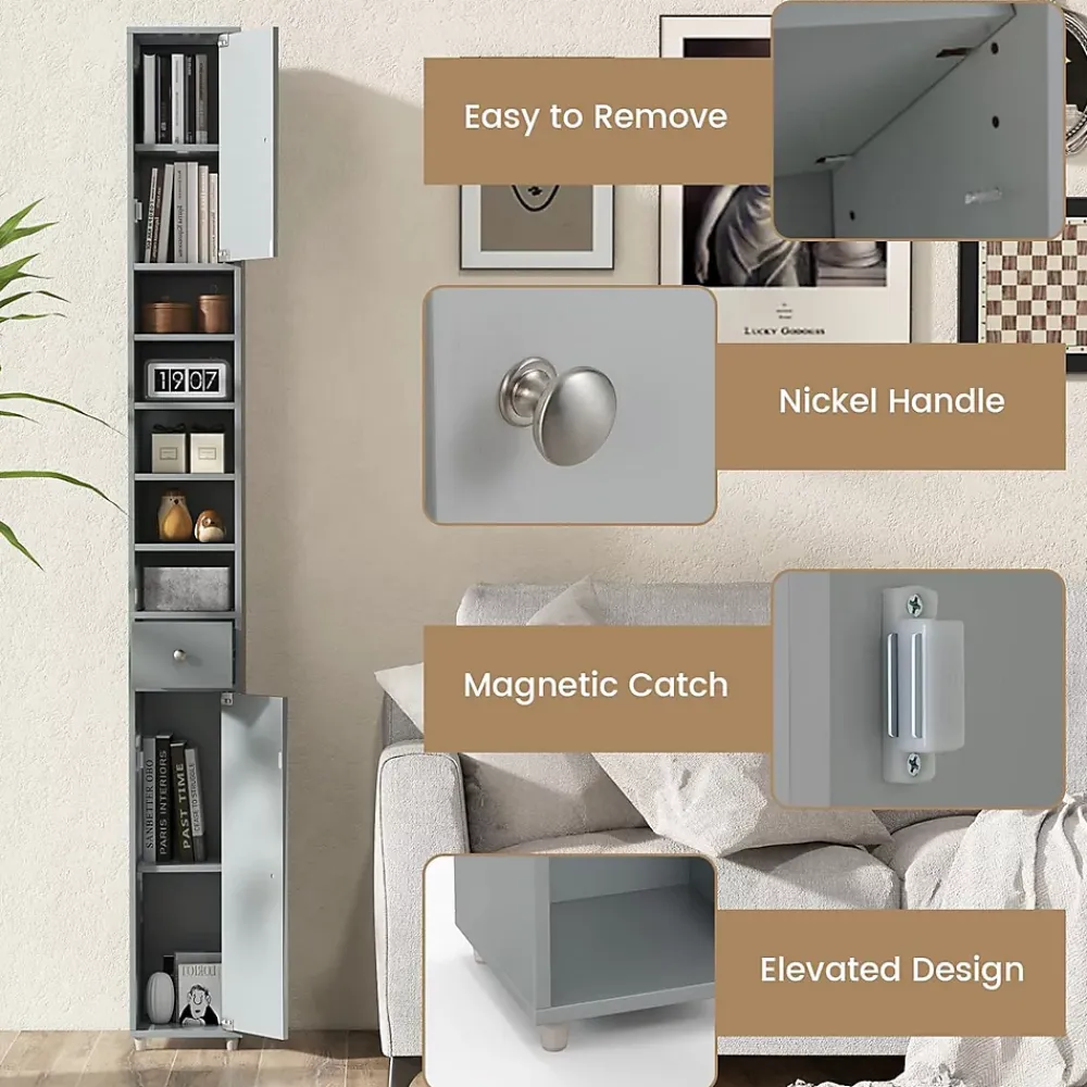 Giantex Armoire de Salle de Bain Haut avec 2 Portes 1 Tiroir 5 Etageres Reglables Dispositif Anti-basculement Meuble Colonne Rangement