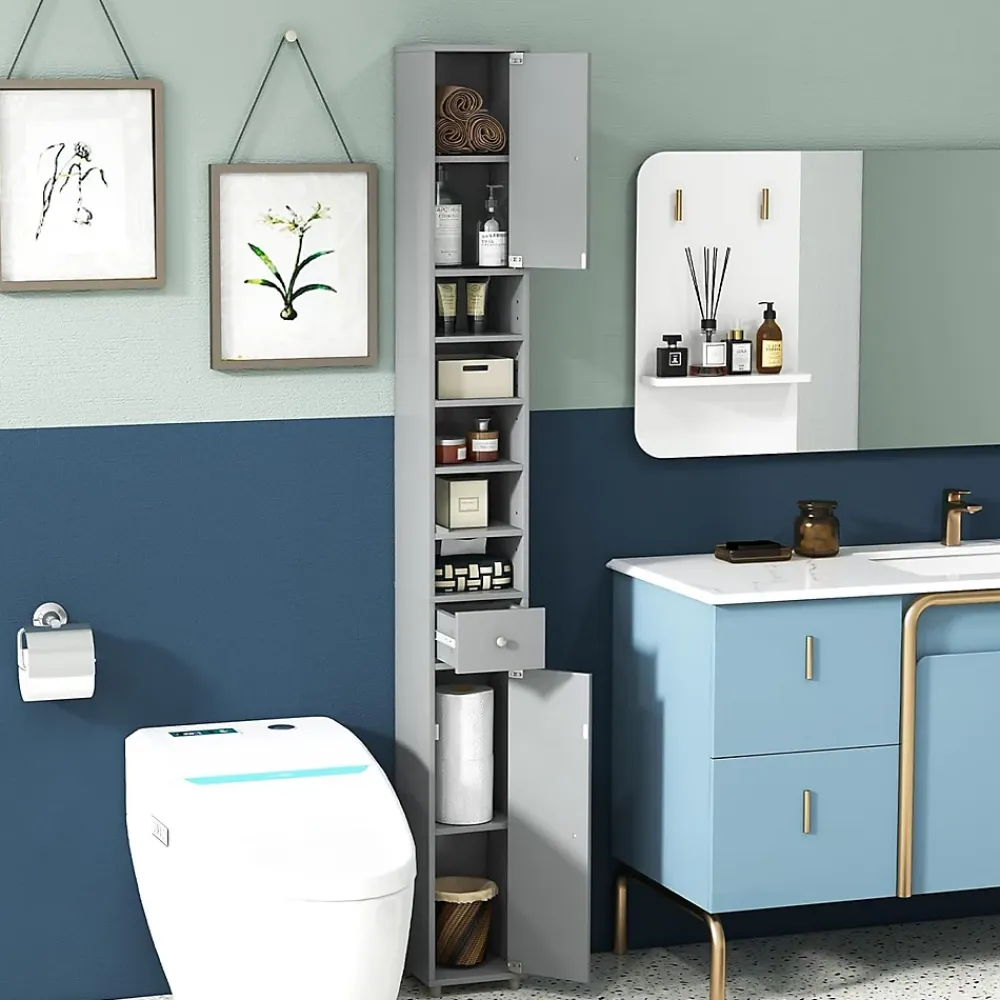 Giantex Armoire de Salle de Bain Haut avec 2 Portes 1 Tiroir 5 Etageres Reglables Dispositif Anti-basculement Meuble Colonne Rangement