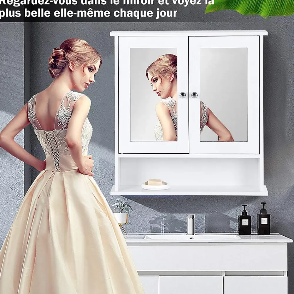 Armoire De Salle De Bains|Giantex Armoire de Salle de Bain Murale avec Miroir, Armoire Suspendue avec étagère Réglable, 2 Porte&3 étagère, 56x13x58CM,Blanc