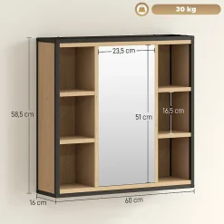 Armoire De Toilette|ProximaX Armoire de salle de bain avec miroir, 6 compartiments ouverts, étagère à 3 niveaux, fixation murale, chêne