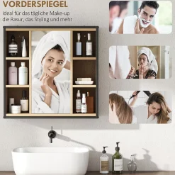 Armoire De Toilette|ProximaX Armoire de salle de bain avec miroir, 6 compartiments ouverts, étagère à 3 niveaux, fixation murale, chêne