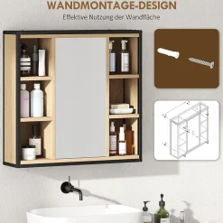 Armoire De Toilette|ProximaX Armoire de salle de bain avec miroir, 6 compartiments ouverts, étagère à 3 niveaux, fixation murale, chêne
