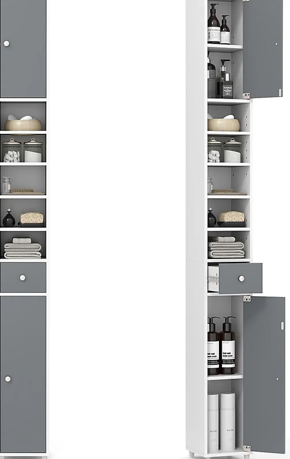 Colonne De Salle De Bains|Giantex Armoire de Salle de Bain Haut, avec 2 Portes,1 Tiroir, 5 Étagères,Anti-basculement, pour Petits Espaces,20x20x180cm (Blanc+Gris)