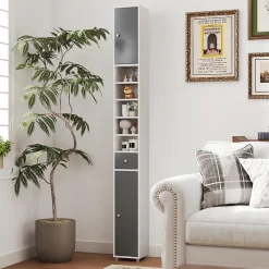 Colonne De Salle De Bains|Giantex Armoire de Salle de Bain Haut, avec 2 Portes,1 Tiroir, 5 Étagères,Anti-basculement, pour Petits Espaces,20x20x180cm (Blanc+Gris)
