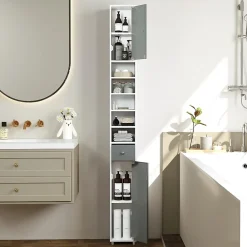 Colonne De Salle De Bains|Giantex Armoire de Salle de Bain Haut, avec 2 Portes,1 Tiroir, 5 Étagères,Anti-basculement, pour Petits Espaces,20x20x180cm (Blanc+Gris)