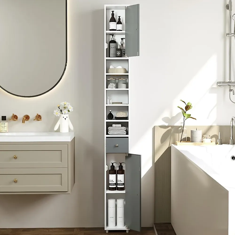 Colonne De Salle De Bains|Giantex Armoire de Salle de Bain Haut, avec 2 Portes,1 Tiroir, 5 Étagères,Anti-basculement, pour Petits Espaces,20x20x180cm (Blanc+Gris)