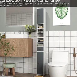 Colonne De Salle De Bains|Giantex Armoire de Salle de Bain Haut, avec 2 Portes,1 Tiroir, 5 Étagères,Anti-basculement, pour Petits Espaces,20x20x180cm (Blanc+Gris)