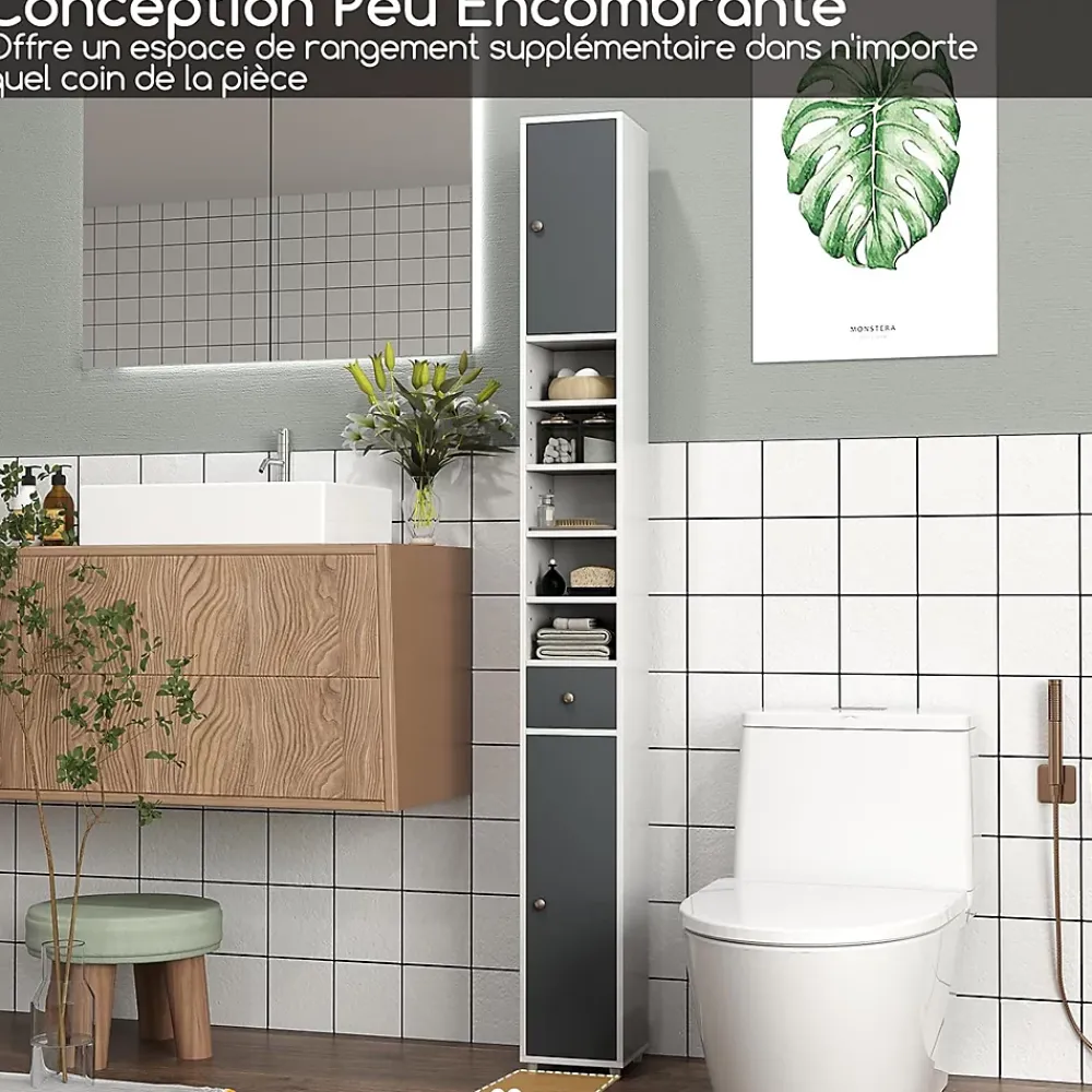 Colonne De Salle De Bains|Giantex Armoire de Salle de Bain Haut, avec 2 Portes,1 Tiroir, 5 Étagères,Anti-basculement, pour Petits Espaces,20x20x180cm (Blanc+Gris)