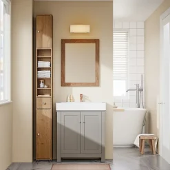 Colonne De Salle De Bains|Sobuy Armoire de Salle de Bain Étroite avec Tiroir et Étagères Réglables en Bois