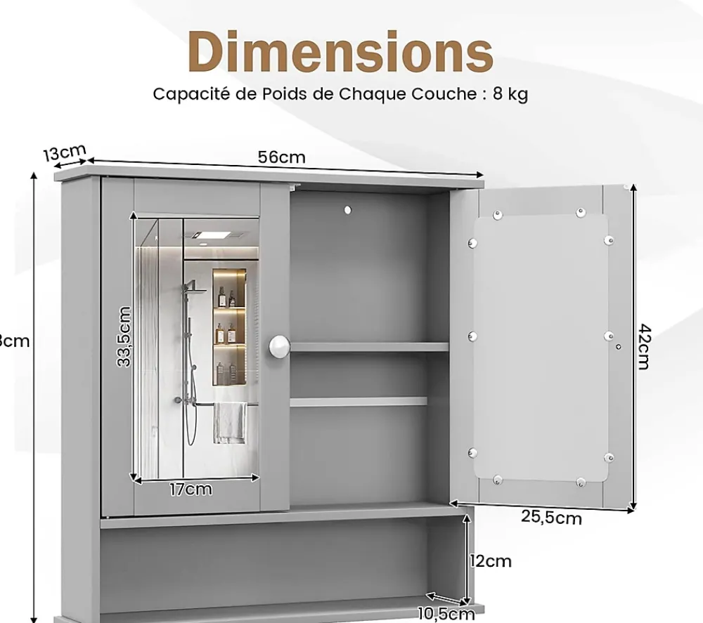 Meuble De Salle De Bains Faible Profondeur|Armoire De Salle De Bains|Giantex Armoire de Salle de Bain Murale avec Miroir 56 x 13 x 58 CM Gris Foncé