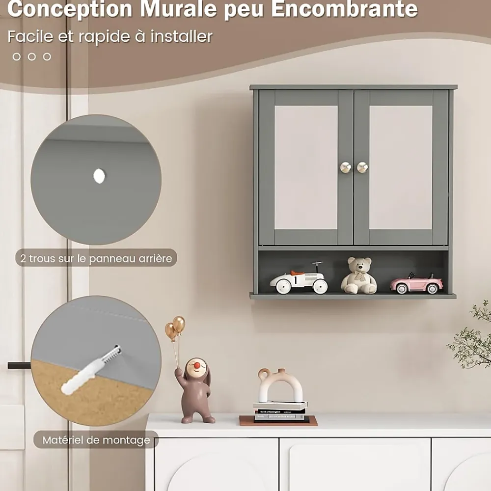 Meuble De Salle De Bains Faible Profondeur|Armoire De Salle De Bains|Giantex Armoire de Salle de Bain Murale avec Miroir 56 x 13 x 58 CM Gris Foncé