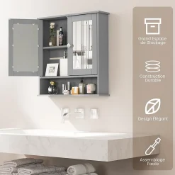 Meuble De Salle De Bains Faible Profondeur|Armoire De Salle De Bains|Giantex Armoire de Salle de Bain Murale avec Miroir 56 x 13 x 58 CM Gris Foncé