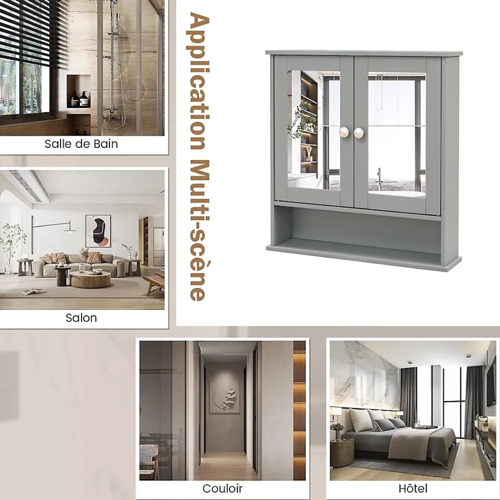 Meuble De Salle De Bains Faible Profondeur|Armoire De Salle De Bains|Giantex Armoire de Salle de Bain Murale avec Miroir 56 x 13 x 58 CM Gris Foncé