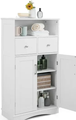 Giantex Armoire de Salle de Bain avec Etagere Reglable Meuble de Rangement sur Pieds avec Tiroirs et Portes Blanc