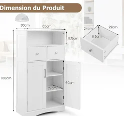 Giantex Armoire de Salle de Bain avec Etagere Reglable Meuble de Rangement sur Pieds avec Tiroirs et Portes Blanc