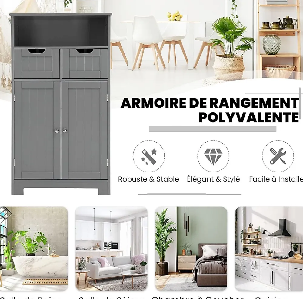 Giantex Armoire de Salle de Bain sur Pied avec Planche Mobile et 2 Tiroirs Reglables 60 X 30 X 109CM