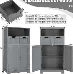 Giantex Armoire de Salle de Bain sur Pied avec Planche Mobile et 2 Tiroirs Reglables 60 X 30 X 109CM