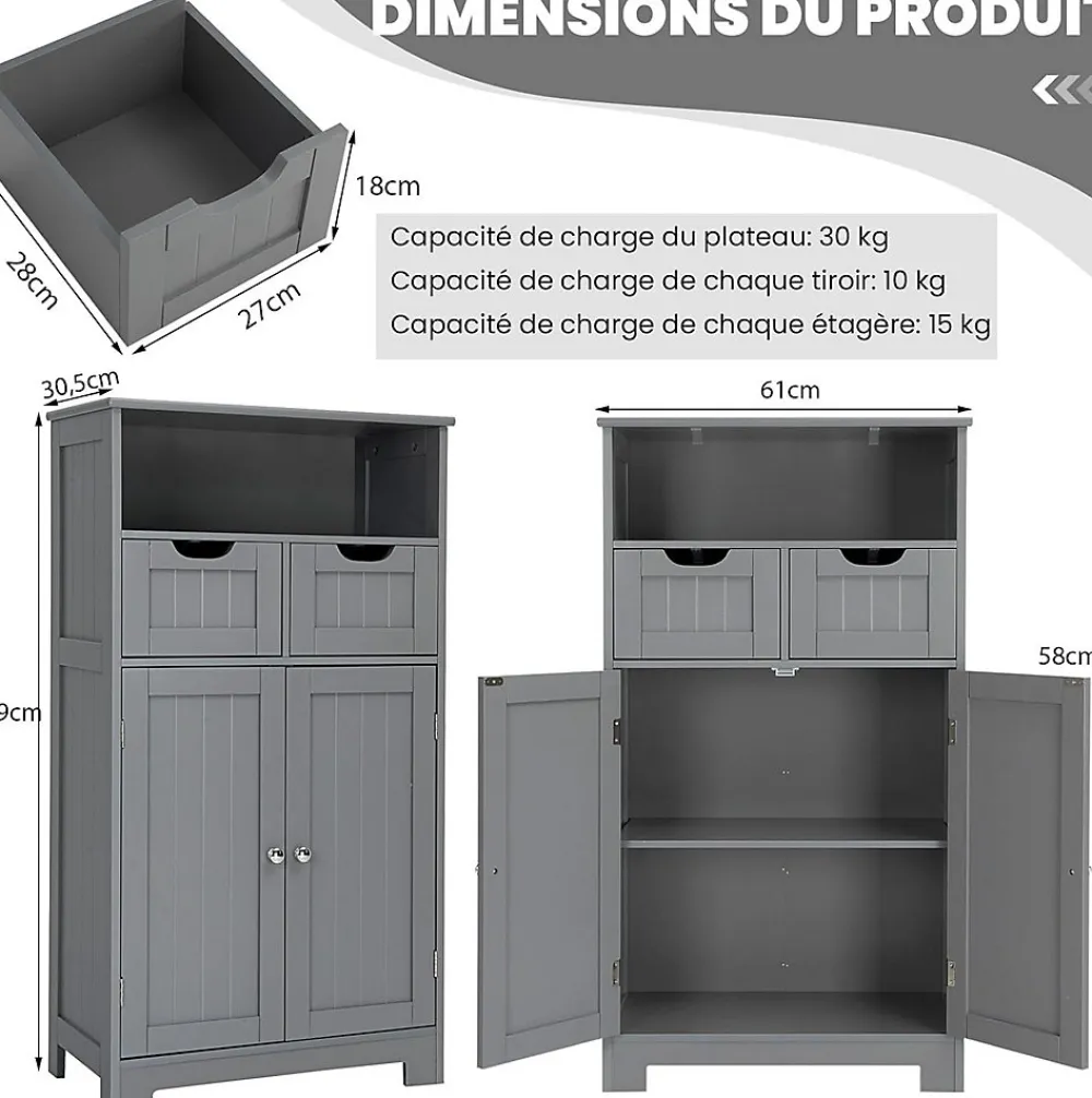 Giantex Armoire de Salle de Bain sur Pied avec Planche Mobile et 2 Tiroirs Reglables 60 X 30 X 109CM