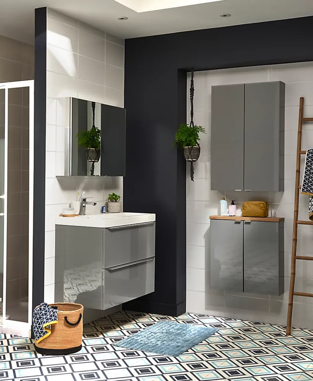 GoodHome Armoire de salle de bains faible profondeur gris brillant l.60 x H.60 x P.15 cm, Imandra