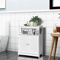 Meuble De Salle De Bains Faible Profondeur|Giantex Armoire de Salle de Bains Meuble de Rangement sur Pieds Armoire en MDF avec 2 Portes a Volets et Etagere Reglable