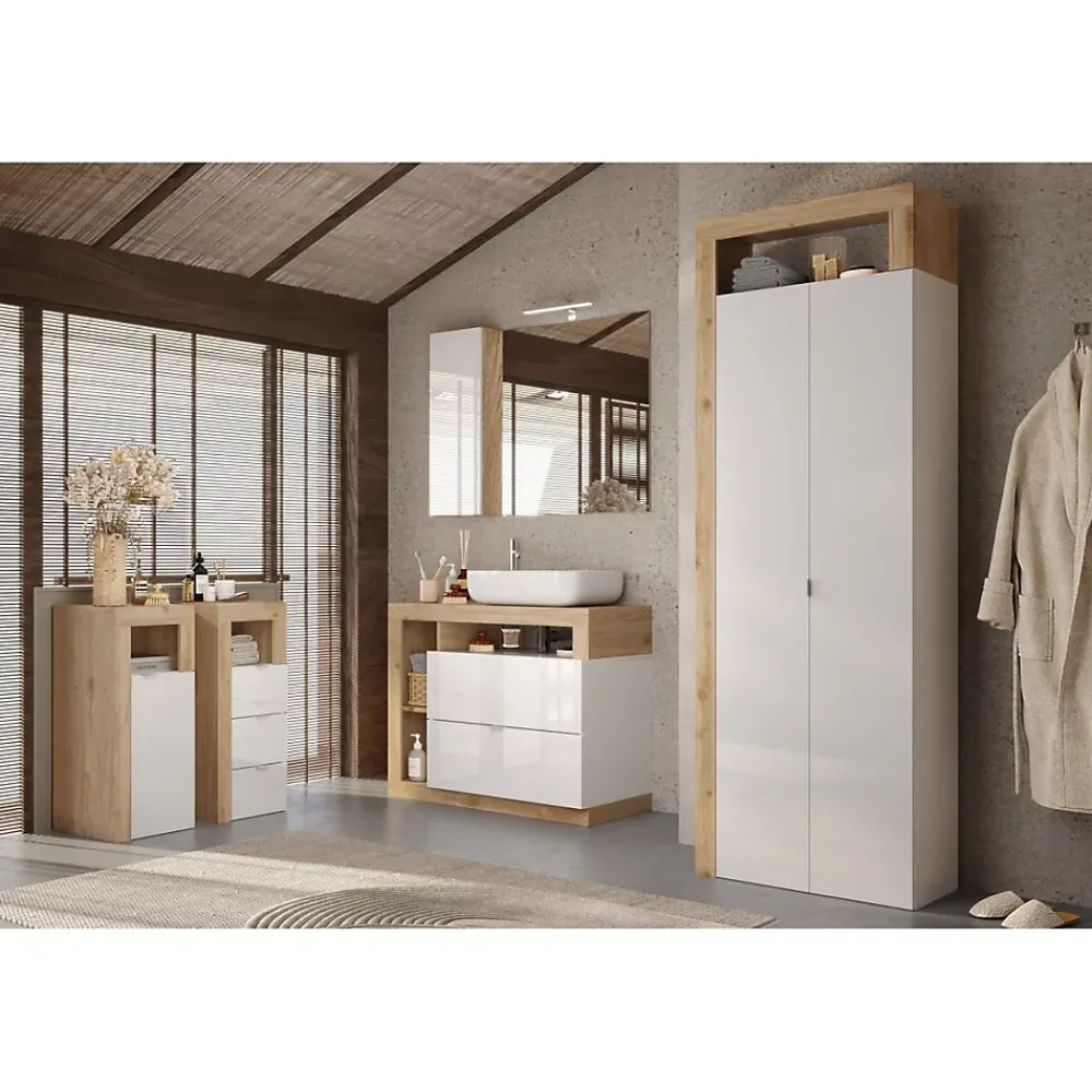 Meuble De Salle De Bains Faible Profondeur|Meublorama Armoire de salle de bains, 2 portes, collection BURA. Coloris blanc brillant laqué et chene clair