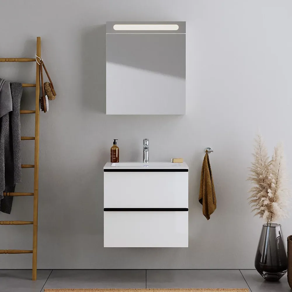 Duravit Armoire de toilette aluminium 1 porte miroir charnière gauche + éclairage LED pour salle de bain + toilette, 70x60x15cm, DURAPOINT