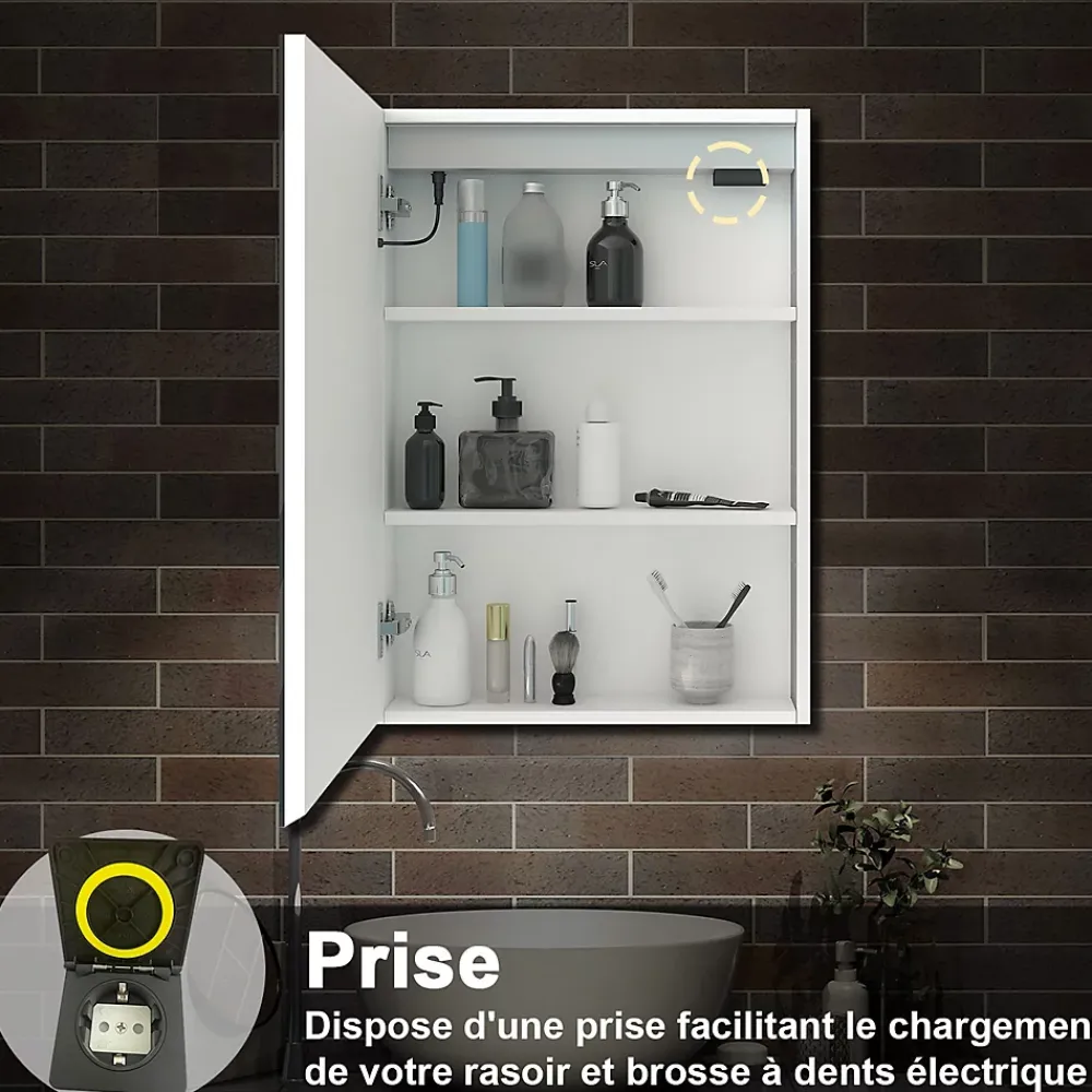 Armoire De Toilette|AICA Sanitaire Armoire de toilette avec Miroir LED Anti-Buée, Éclairage 3 Couleurs et Prise Rasoir, Blanc, 60x70 cm,