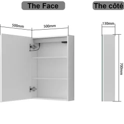 Armoire De Toilette|AICA Sanitaire Armoire de toilette avec Miroir LED Anti-Buée, Éclairage 3 Couleurs et Prise Rasoir, Blanc, 50x70 cm,