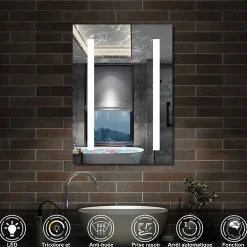 Armoire De Toilette|AICA Sanitaire Armoire de toilette avec Miroir LED Anti-Buée, Éclairage 3 Couleurs et Prise Rasoir, Chêne, 40x70 cm,