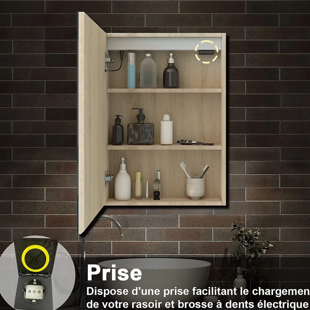 Armoire De Toilette|AICA Sanitaire Armoire de toilette avec Miroir LED Anti-Buée, Éclairage 3 Couleurs et Prise Rasoir, Chêne, 40x70 cm,